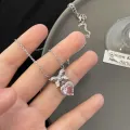 Cute Bow Heart Pendant Necklace with Elegant Pink Zircon Classic Simple Style for Ladies & Women Pendant Necklaces for Anniversary Weddings & Parties Jewelry Gift.