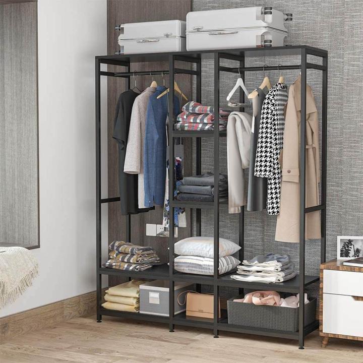 Standing Closet Organizer Heavy Duty Metal Garment Rack with Wood Shelves Extra Large Wardrobe