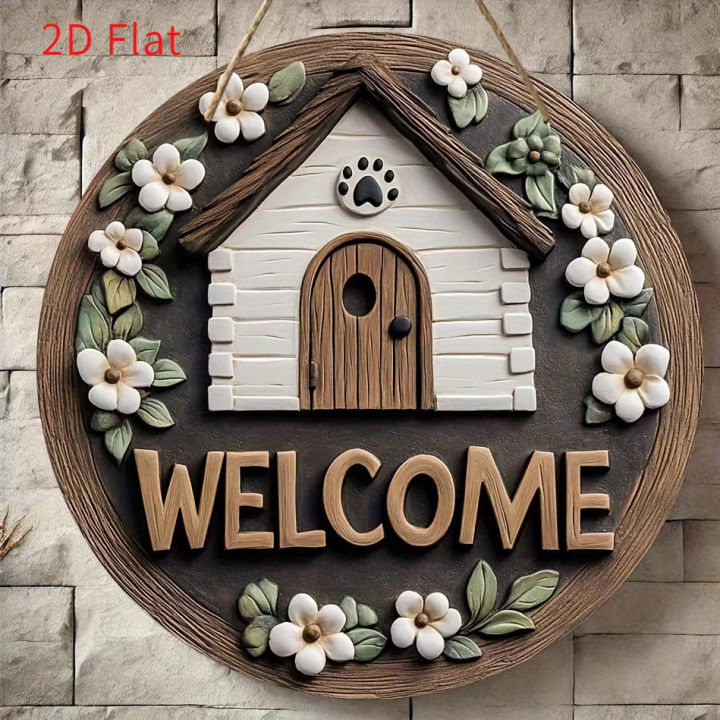 8%20Inch%20Round%20Welcome%20Door%20Sign%20-%202D%20Flat%20House%20&%20Floral%20Design%20Hanging%20Wall%20Decor%20for%20Home%20Entryway%20-%20Image%203