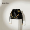 TOUTOU Genuine Leather Quilted Drawstring Bucket Bag for Women with Chain Strap Crossbody Handbag for Daily Use and Commuting. 