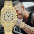 Men's Golden Watches Luxury Rhinestone Roma Dial Square Quartz Watch for Men Stainless Steel Wristwatches Relogio Masculino.
