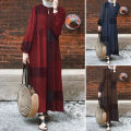 ZANZEA Muslimah Women Muslim Kaftan Plaid Check Puff Sleeve Crew Neck Casual Long Shirt Dress.