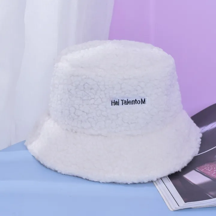 Women%20Winter%20Warm%20Bucket%20Hat%20Lamb%20Wool%20Letter%20Panama%20Fisherman%20Hat%20Solid%20Ladies%20Girl%20Outdoor%20Thick%20Warmer%20Flat%20Top%20Cap%20-%20Image%202