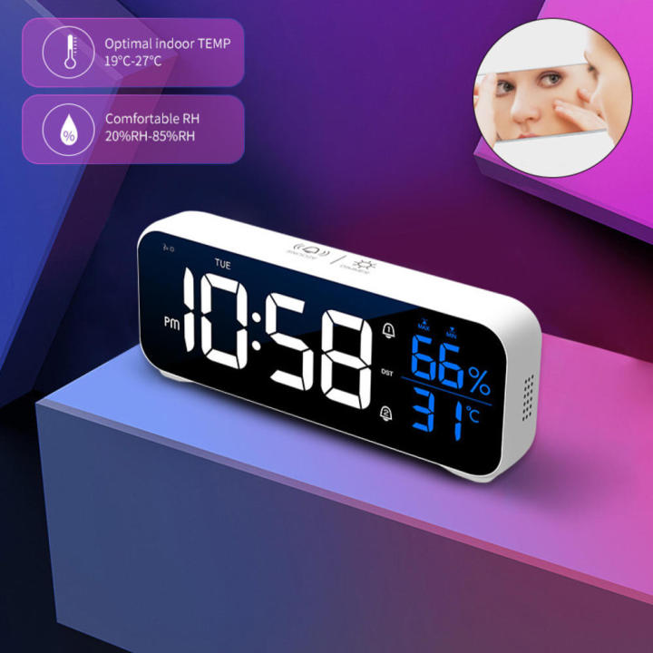 Digital Alarm Clock With Voice Control Temperature Humidity Display Snooze Music Table Watch USB Rechargeable Mirror LED