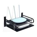 2- layer Wall mount wifi router stand, metal shelf for tv box & remotes black. 