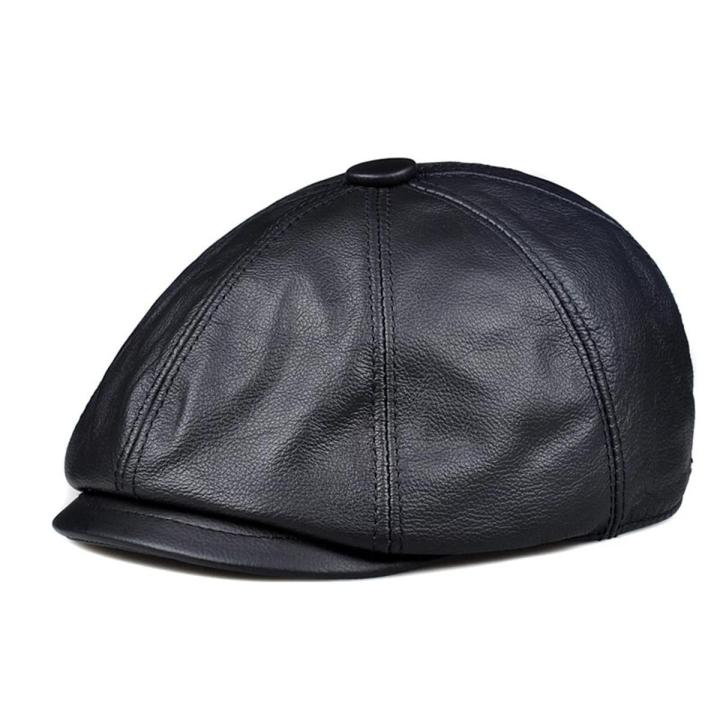Men's Leather Warm Octagonal Cap, Casual Vintage Newsboy Cap Golf Driving Flat Cabbie Hat, Winter Male Artist Gatsby Cap