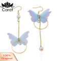 Sweet Women Butterfly Gauze Circle Faux Pearl CZ Long Dangle Asymmetric Earrings. 