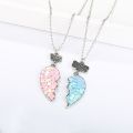 Hot Pink Blue Sequin Stitching Heart Broken Best Friends Necklace Pendant Chain BFF Friendship Jewelry Gifts For Kids 2PCS/Set. 