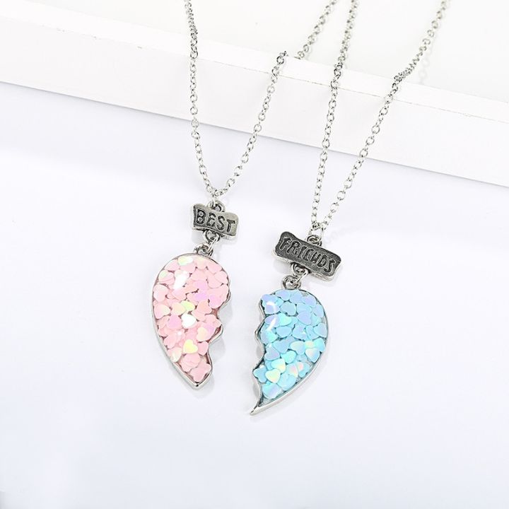 Hot%20Pink%20Blue%20Sequin%20Stitching%20Heart%20Broken%20Best%20Friends%20Necklace%20Pendant%20Chain%20BFF%20Friendship%20Jewelry%20Gifts%20For%20Kids%202PCS/Set%20-%20Image%205