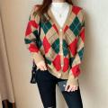 2021 Early Autumn New Color-Blocking Diamond-Shaped Top V Collar Sweater Loose Knitted Winter Coat Women's Cardigan. 
