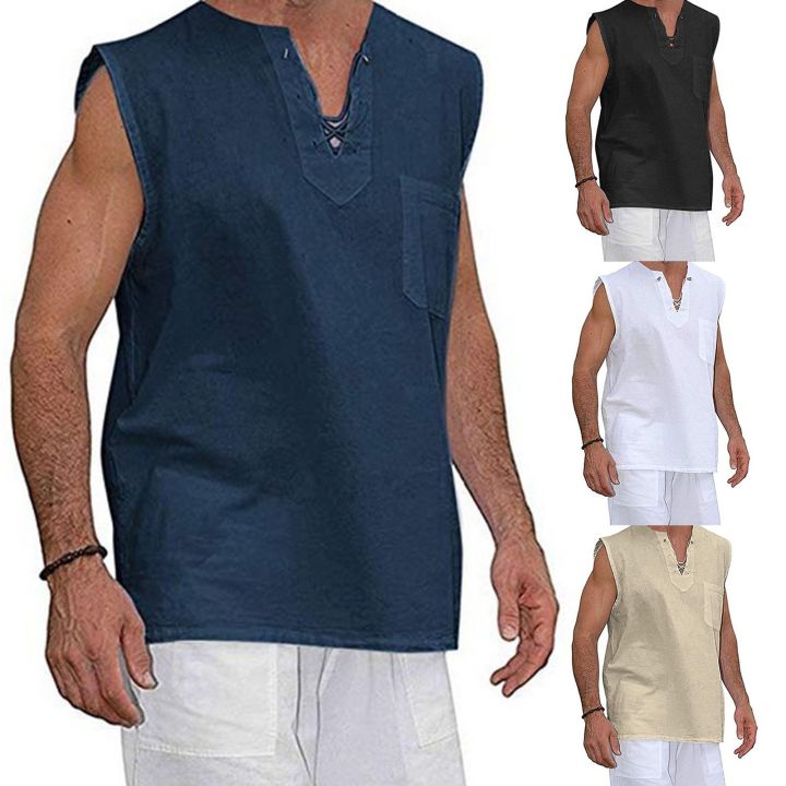 Men%20Shirt%20Solid%20Color%20V%20Neck%20Loose%20Lace%20Up%20Summer%20Top%20for%20Daily%20Wear%20-%20Image%203