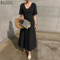 ZANZEA Korean Style Women Fashion Round Neck A-Line Dresses Holiday Party Club Solid Dress #10. 