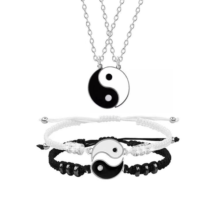 Handmade Designer Yin Yang Tai Chi Bracelet and Necklace Set Adjustable Matching Jewelry for Best Friends and Couples