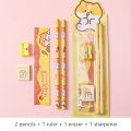 Set of 2 pencils cartoon stationery, 1 ruler, 1 eraser, 1 pencil sharpener. 