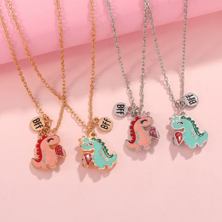 Pair Of Little Dinosaur Pendant Necklaces BFF LOVERS Heart Patchwork Necklace Podazz