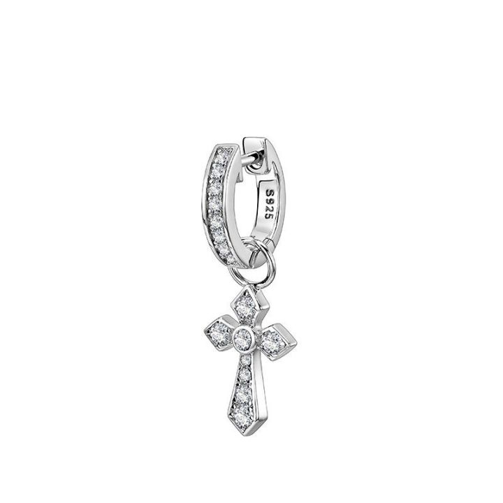 925 silver needle, a two-wear diamond earring earrings, men's trendy personalized single cross earrings