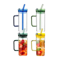 Parth Enterprises Square Handle Can Shaped Glass Tumbler Drinking Glasses with Glass Straw for Water, Juice, Iced Coffee, Soda, Cold Beverages (Set of 1 400ml). 