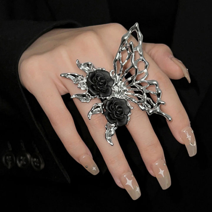 Vintage Punk Metal Black Rose Liquid Butterfly Opening Ring For Women Exaggerated Adjustable Animal Ring Aesthetic Jewelry Gift Qoddess