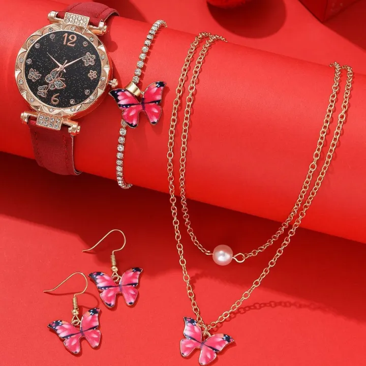 5pcs%20New%20Women's%20Butterfly%20Quartz%20Watch%20Butterfly%20Face%20Bracelet%20Necklace%20Set%20Fashion%20Trend%20Girl%20English%20Watches%20%EF%BC%88No%20Box%EF%BC%89%20-%20Image%205