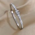 Luxury Stainless Steel Gold Color Zirconia Cylinder Bracelets Bangles for Women Fashion Girls Waterproof Jewelry Gifts. 