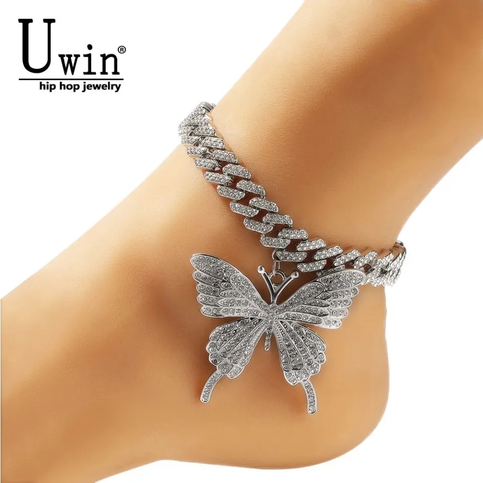 Uwin 12mm S-Link Anklet With Butterfly Miami Cuban Link Iced Out