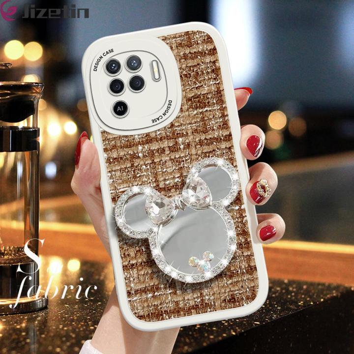 Jizetin for OPPO F19 Pro / A94 / Reno5 F Back Cover Shiny Bowknot Makeup Mirror Fabric Texture Back For Girls Soft Silicone Edge Phone Case