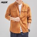 HIQOR New Mens Vintage Shirt Male Lone Sleeve Cargo Shirts 100% Cotton Casual Solid Shirt Male Pocket Work Shirt Man Clothing.