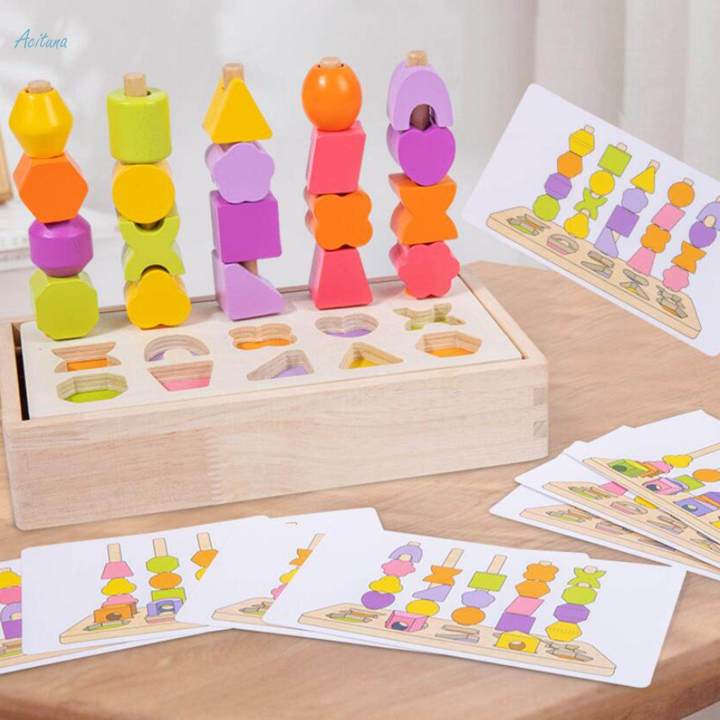 Wooden Beads Sequencing Toy Set Shape Color Sorter