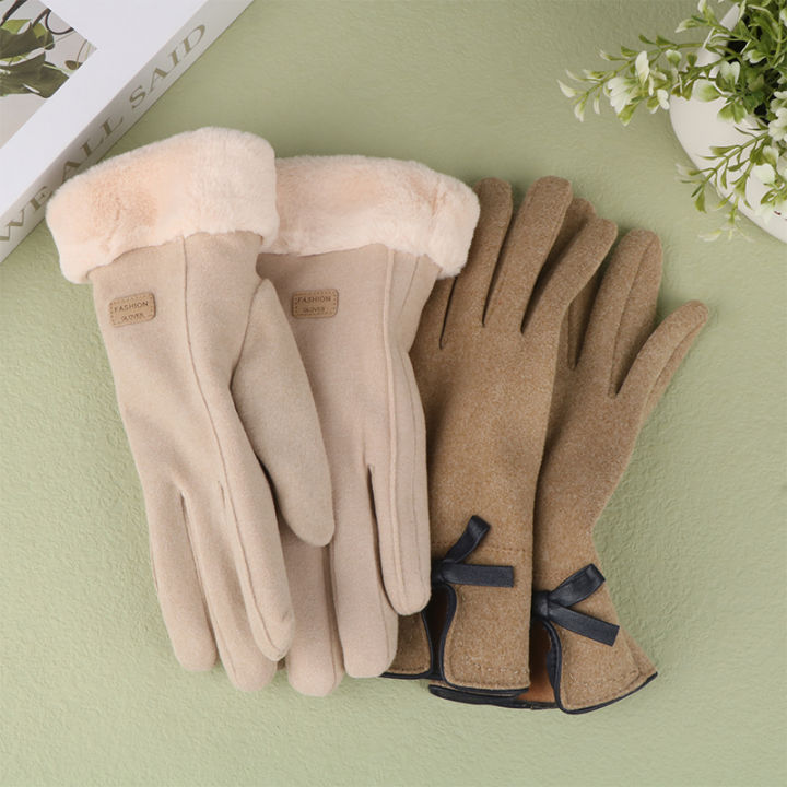 Women's Winter Gloves Plus Velvet Thicken Warm Touchscreen Gloves Cashmere Rabbit Fur Wrist Windproof Cycling Driving Mittens-Cola Kids