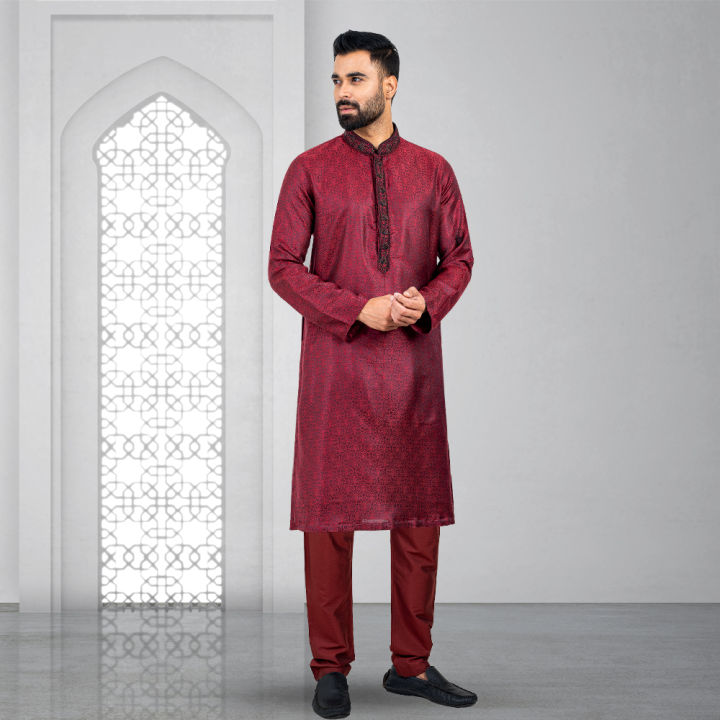 Lubnan Indian Fabrics Maroon Color Regular Fit Set Panjabi With Pajama For Men Eid Collection