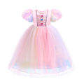 Christmas Halloween Pink Girls Rainbow Unicorn Dress Korean Birthday Elegant Puff Sleeve Princess Gowns Colorful Feather Wings. 