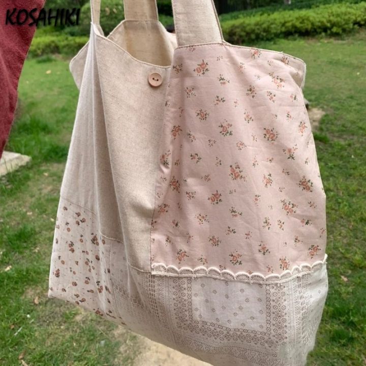 Patchwork Contrast Color Flower Print Shoulder Handbags Fashion Y2k Underarm Bag High-capacity Women All Match Canvas Tote Bags