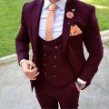 New Tailor Made Peak Lapel Burgundy Men Suits 2022 Slim Fit Groom Tuxedo 3 Piece Male Blazer +Pant+Vest Costume Homme Mariage. 
