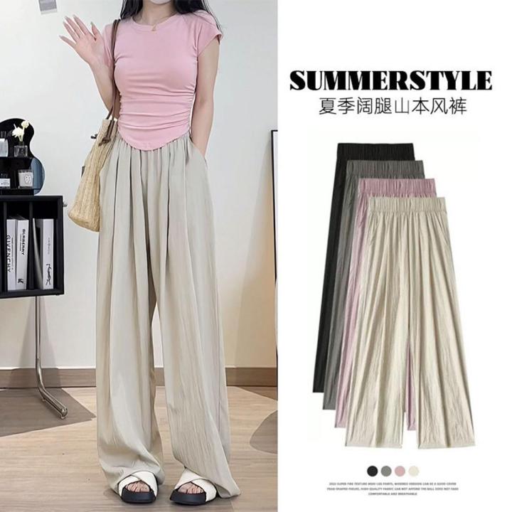Ice Silk Wide-Leg Pants Women's Summer High Waist Draping Casual Japanese Cotton and Linen Lazy Yamamoto Pants Pleated Straight Pants
