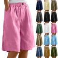 Fashion Solid Color Pants Pocket Button Up Capris Elastic Waist Loose Cotton Linen Women's Shorts.