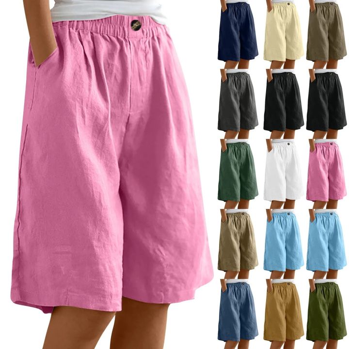 Fashion Solid Color Pants Pocket Button Up Capris Elastic Waist Loose Cotton Linen Women's Shorts