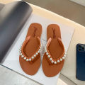 2024 summer pearl rhinestone slippers beach flip-flops ladies wear flat flip-flop sandals slippers. 