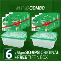 Free 2pcs Tiffin Box with Dettol Original Soap Germ Defence Pack of 6 (75gm X 6), Bathing Bar Soaps with protection from 99.99% illness-causing germs..