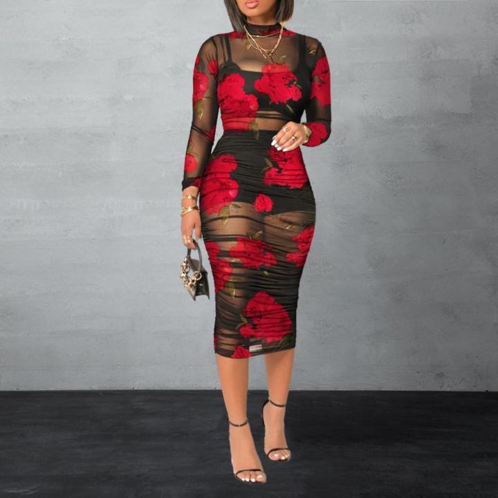 3ocs/set Set Women Dress Set Black Tank Top Skirt Floral Printed Dress Three-piece Set Elegant Transparent Mesh Dress