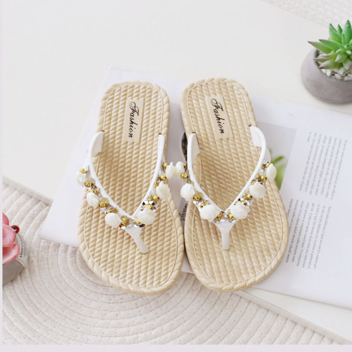 2024 Summer New Flat Flip Flops Outdoor Beaded Women's Slippers National Fashion Sandals