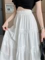 Midi Long Skirt Women White Skirt 2024 Mori Girl Style Sweet Crochet Lace Spring Summer High Waisted A-Line Pleated Skirts rok. 