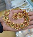 Ethnic Elephant Motif with Ruby & Emerald Stones and White Pearl Drops Temple Choker Necklace Set for Women Fashion jewelry.