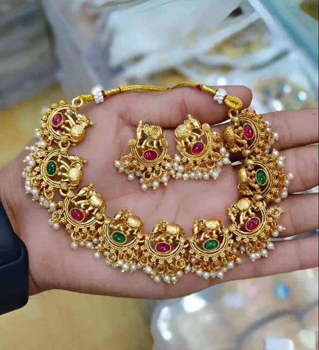 Ethnic%20Elephant%20Motif%20with%20Ruby%20&%20Emerald%20Stones%20and%20White%20Pearl%20Drops%20Temple%20Choker%20Necklace%20Set%20for%20Women%20Fashion%20jewelry%20-%20Image%202