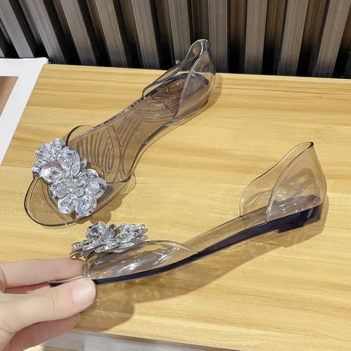 bingbing%20shiny%20glitter%20jelly%20shoes%20women's%20summer%20crystal%20flat%20heel%20flat%20fish%20mouth%20transparent%20outer%20wear%20sandals%20sanda%20-%20Image%203