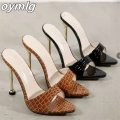 Summer women sandals snake print Strappy Mules high heels Slippers Sandals flip flops Pointed toe Slides Party shoes Woman House Foocus. 
