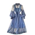 Dress Long Dresses Women Floral Maxi Lantern Sleeve Stand Collar Elegant High Waist Slim Fit Party A Line Vestidos Summer.