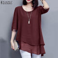 ZANZEA Women Summer 3/4 Sleeve Plain Layered Asymmetric Hem O Neck Loose Tops Blouse #11. 