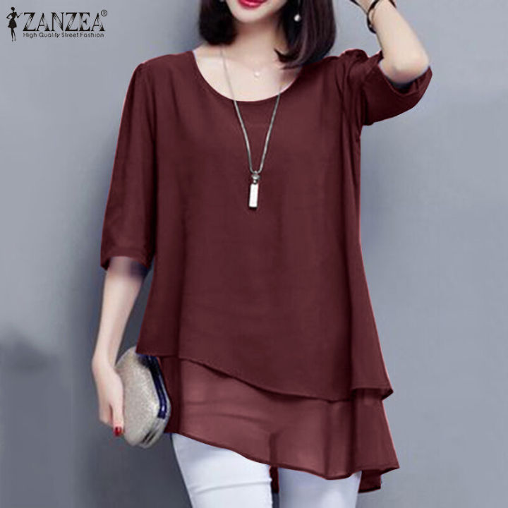 ZANZEA%20Women%20Summer%203/4%20Sleeve%20Plain%20Layered%20Asymmetric%20Hem%20O%20Neck%20Loose%20Tops%20Blouse%20#11%20-%20Image%202