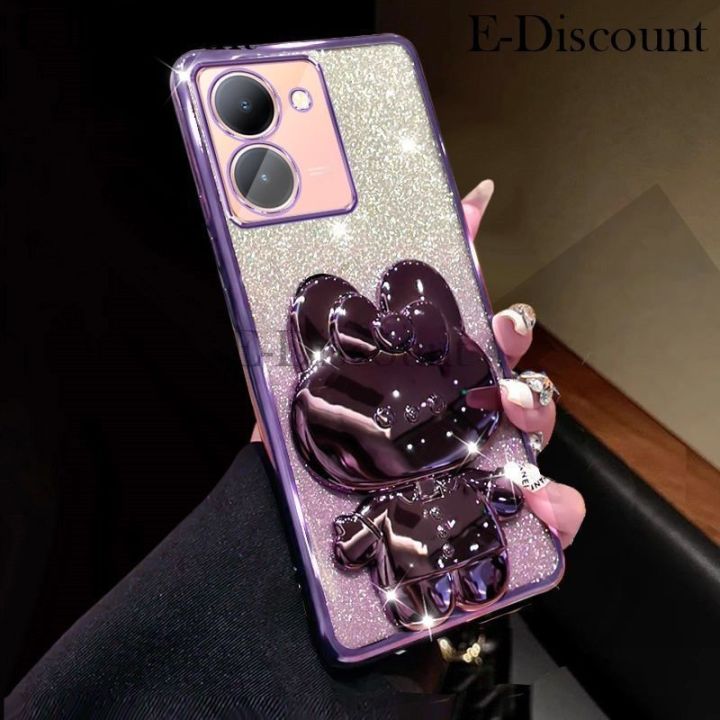 New Phone case Vivo Y36 4G / Y36 5G Back cover Camera Protection Semi Transparent Soft Silicone Rabbit bracket Shockproof Exquisite Glitter Powder
