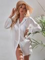 Summer Bikini Cover Up Smock Tops for Women See Through Sheer Long Sleeve Lapel Button Short Shirt Dress Loose Beach Wear. 